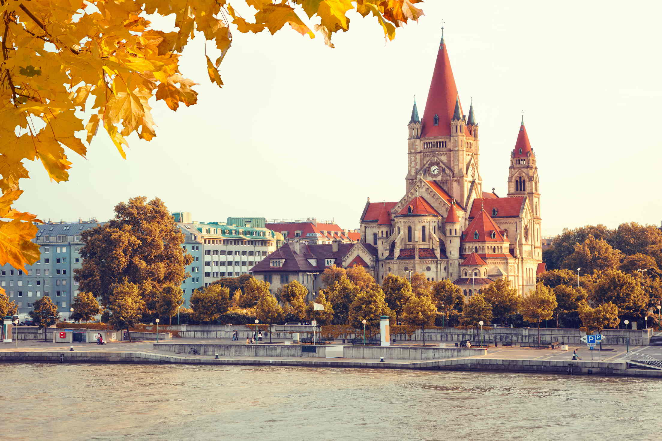 Vienna architecture framed by golden foliage along the Danube