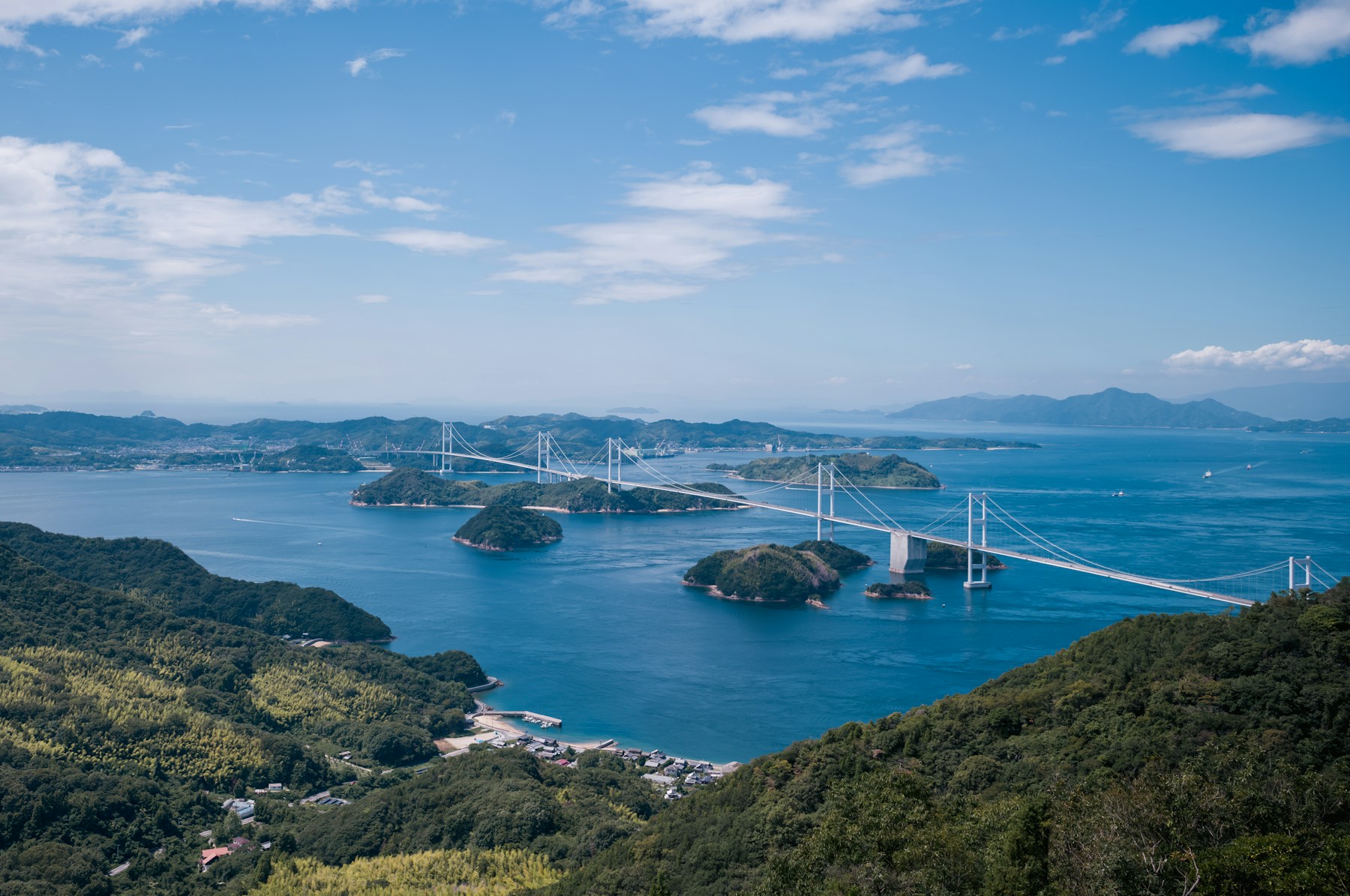 Suspension bridges linking green islands across Japan's Seto Inland Sea