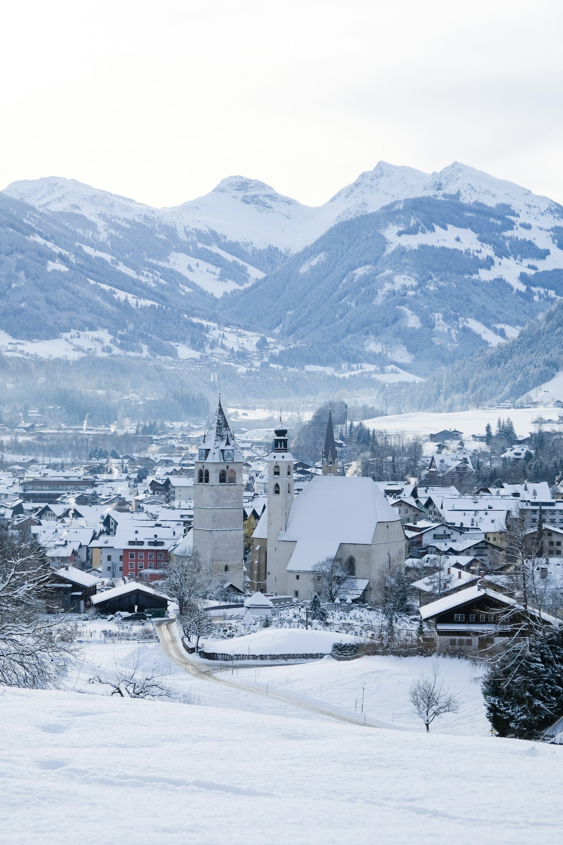 The snow-covered village of Kitzbühel beneath the Austrian Alps