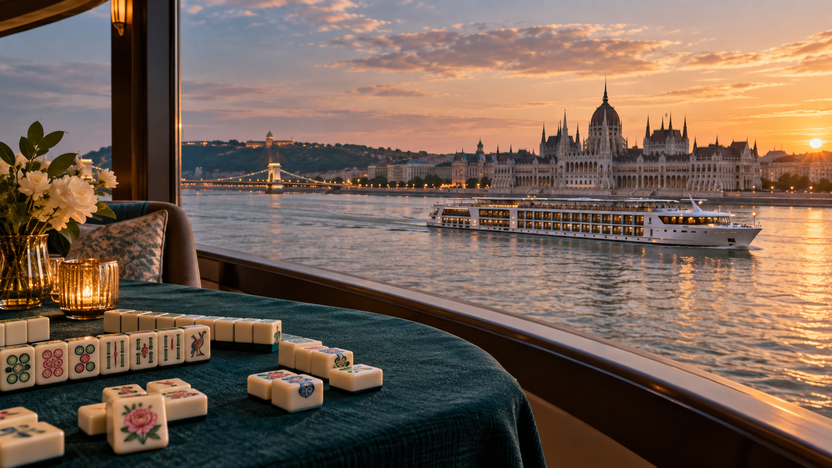 Mah Jongg tiles beside a panoramic view of Budapest and a river ship at sunset