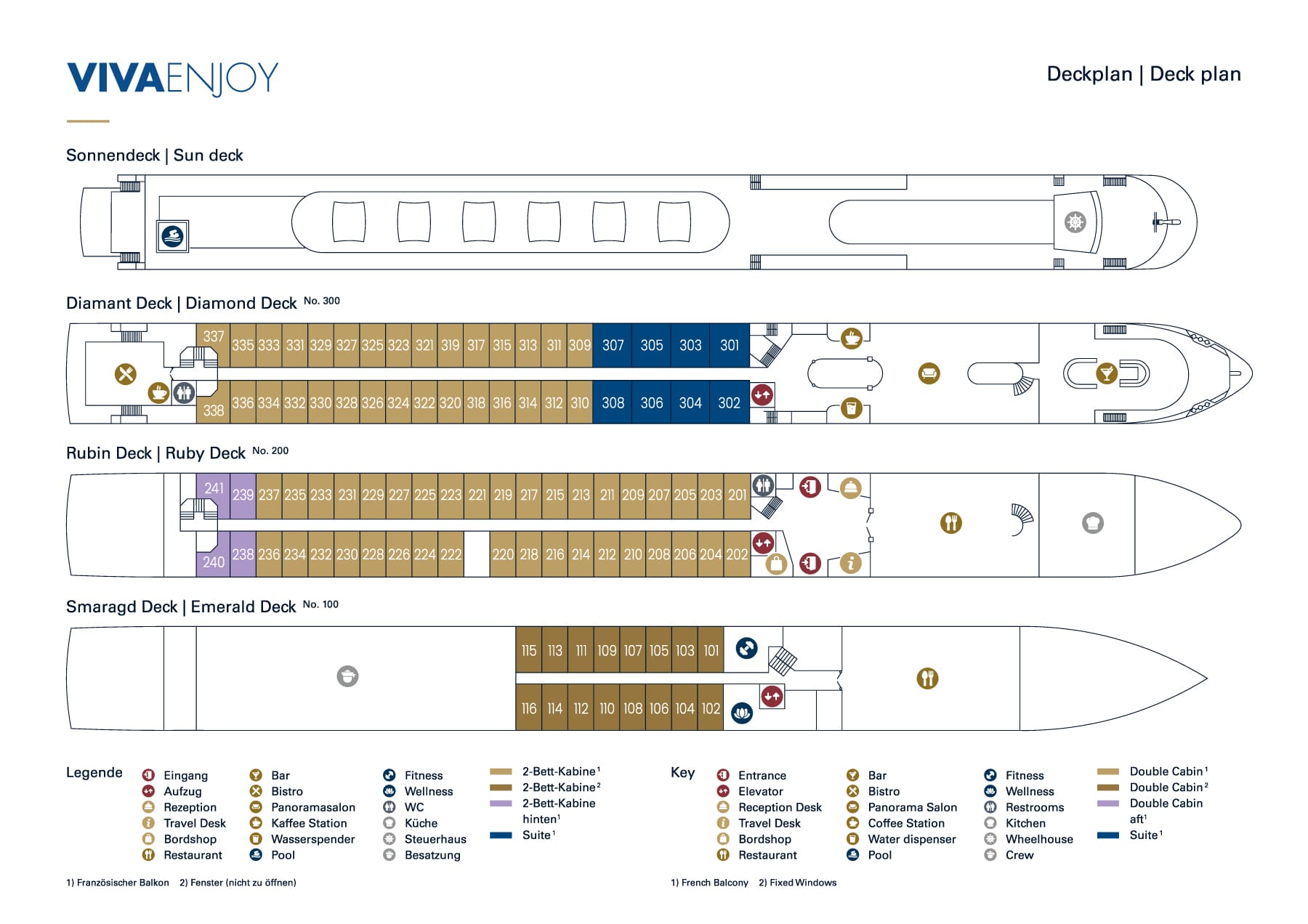 Official deck plan for VIVA ENJOY showing the Sun, Diamond, Ruby, and Emerald decks